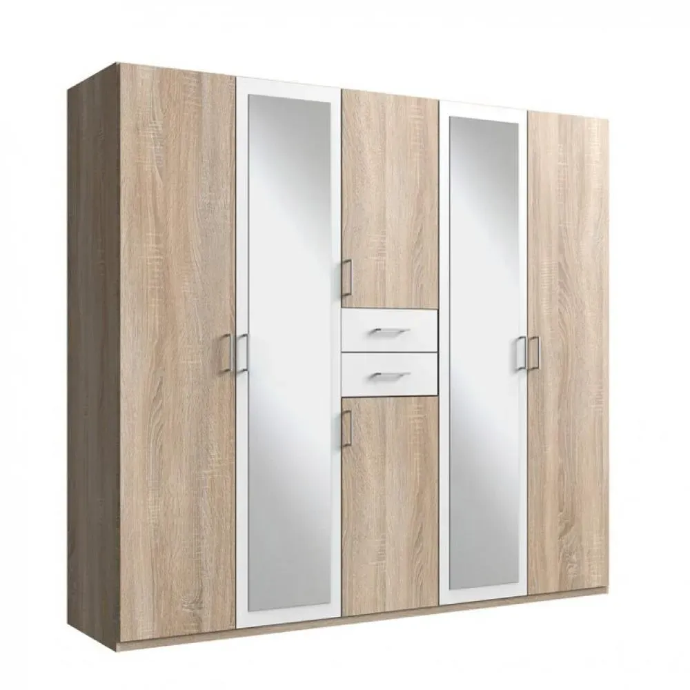 Armoire 4 portes chênes 2 portes miroirs DIVER 225 cm 2 tiroirs blancs
