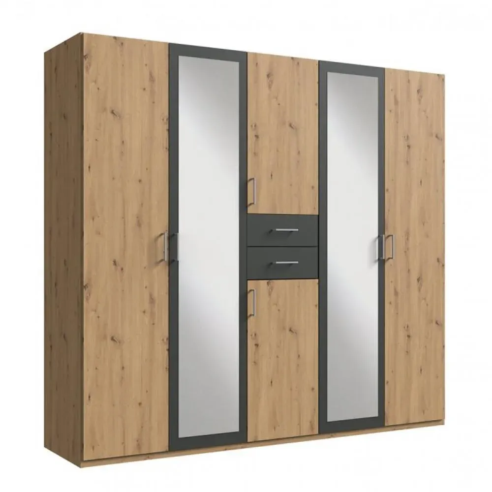 Armoire 4 portes chênes artisans 2 portes miroirs DIVER 225 cm 2 tiroirs graphites