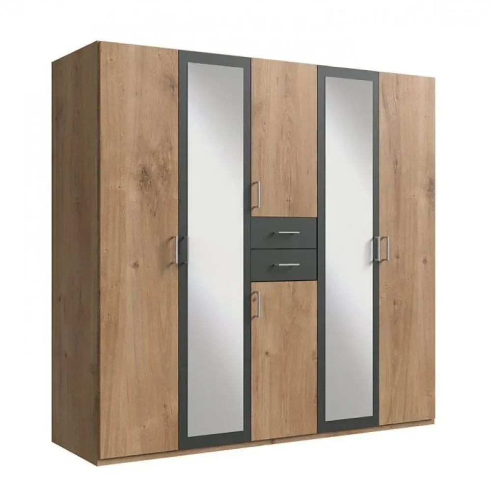 Armoire 4 portes chênes poutres 2 portes miroirs DIVER 225 cm 2 tiroirs graphites
