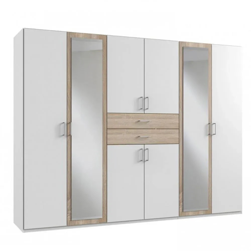 Armoire 6 portes blancs 2 portes miroirs DIVER 270 cm 2 tiroirs chênes