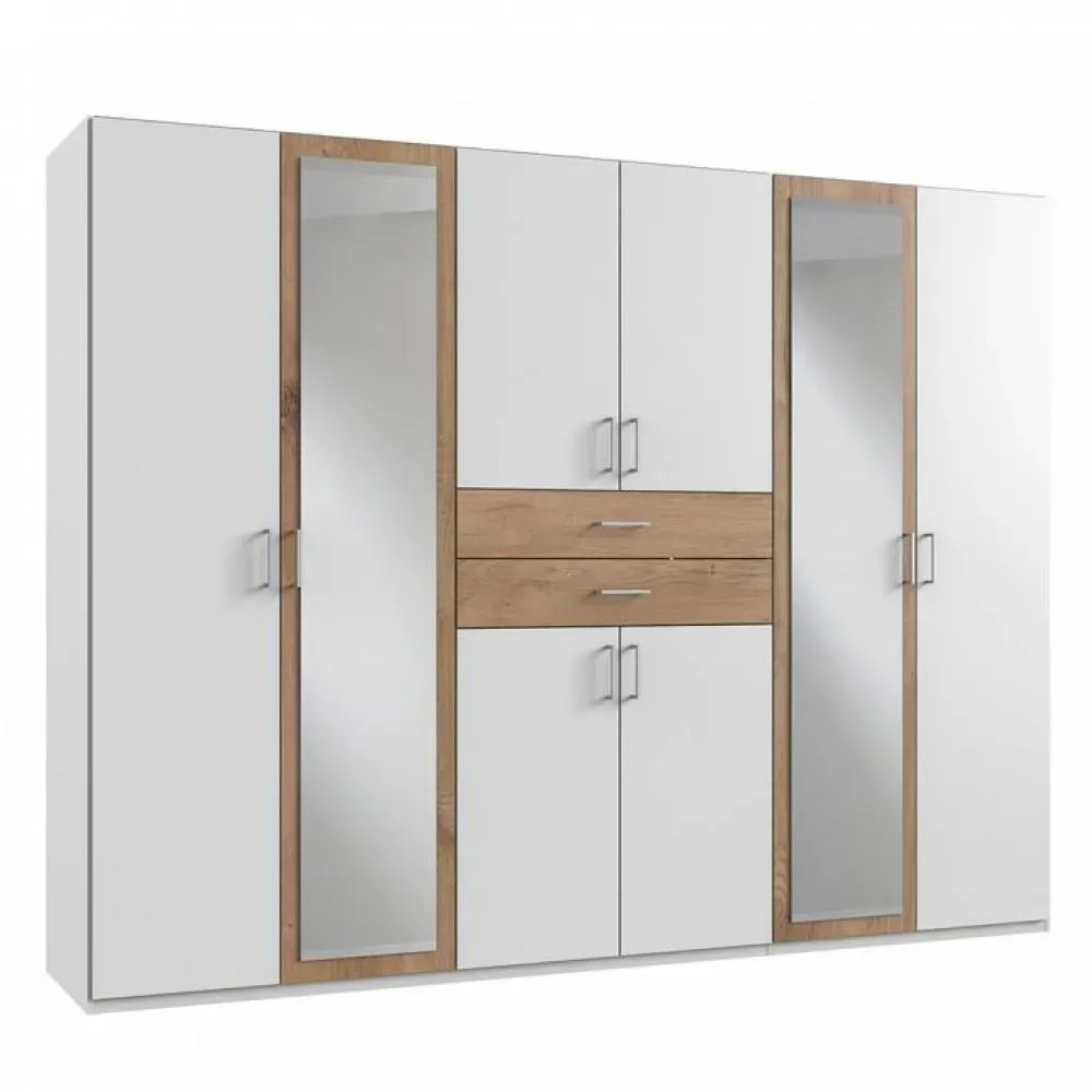 Armoire 6 portes blancs 2 portes miroirs DIVER 270 cm 2 tiroirs chênes poutres