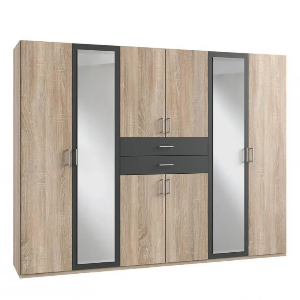 Armoire 6 portes chênes 2 portes miroirs DIVER 270 cm 2 tiroirs graphites