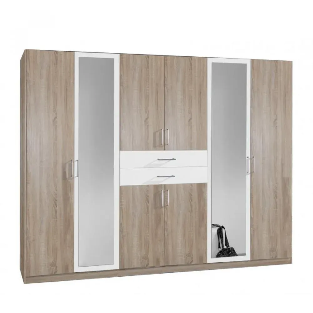 Armoire 6 portes chênes 2 portes miroirs DIVER 270 cm 2 tiroirs blancs