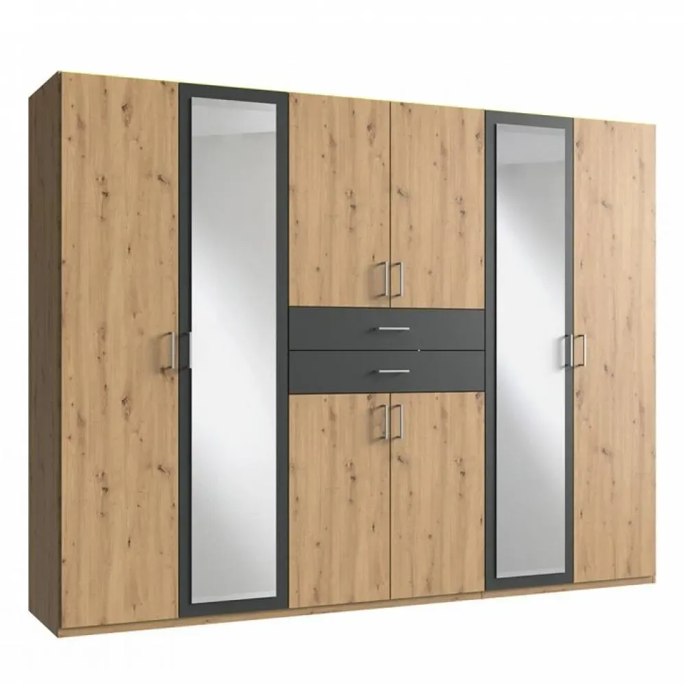 Armoire 6 portes chênes artisans 2 portes miroirs DIVER 270 cm 2 tiroirs graphites