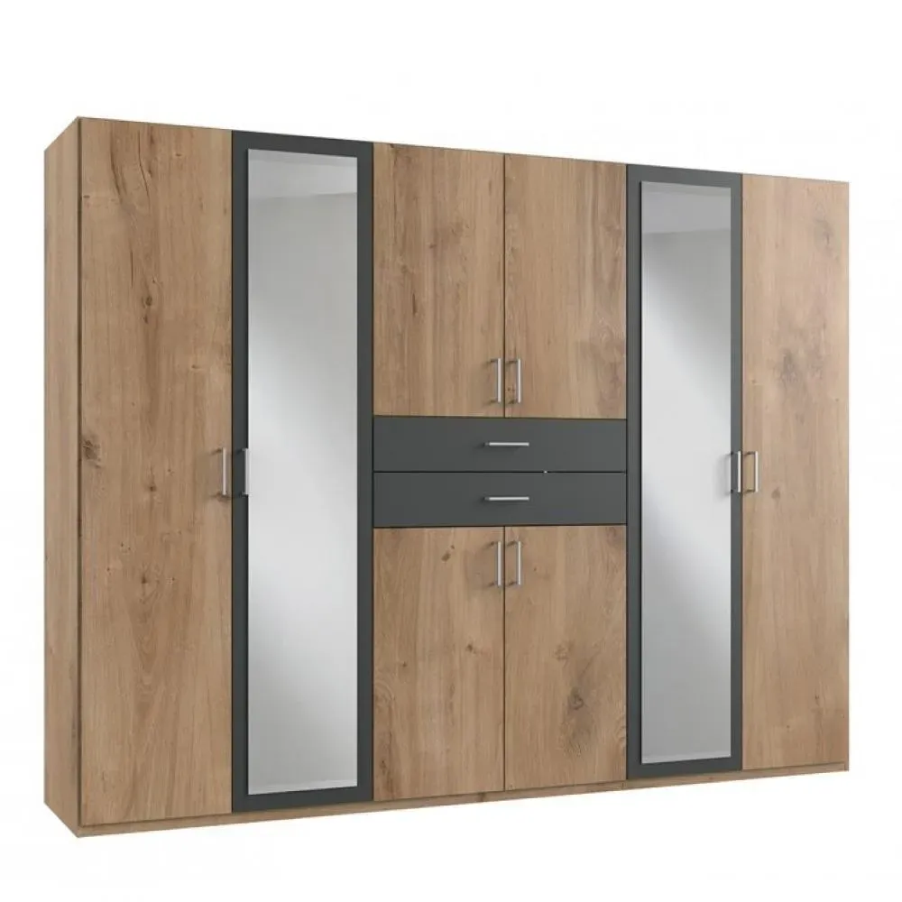 Armoire 6 portes chênes poutres 2 portes miroirs DIVER 270 cm 2 tiroirs graphites