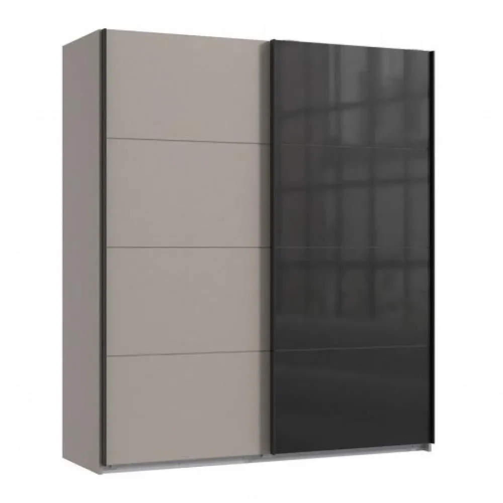 Armoire 2 portes coulissantes TILBURG 180 cm gris Sahara verre noir et graphite