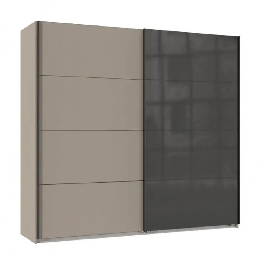 Armoire 2 portes coulissantes TILBURG 225 cm gris Sahara verre noir et graphite