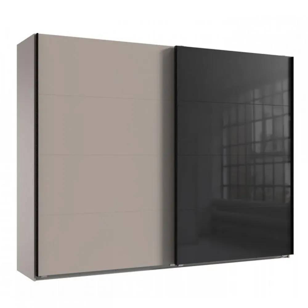 Armoire 2 portes coulissantes TILBURG 270 cm gris Sahara verre noir et graphite