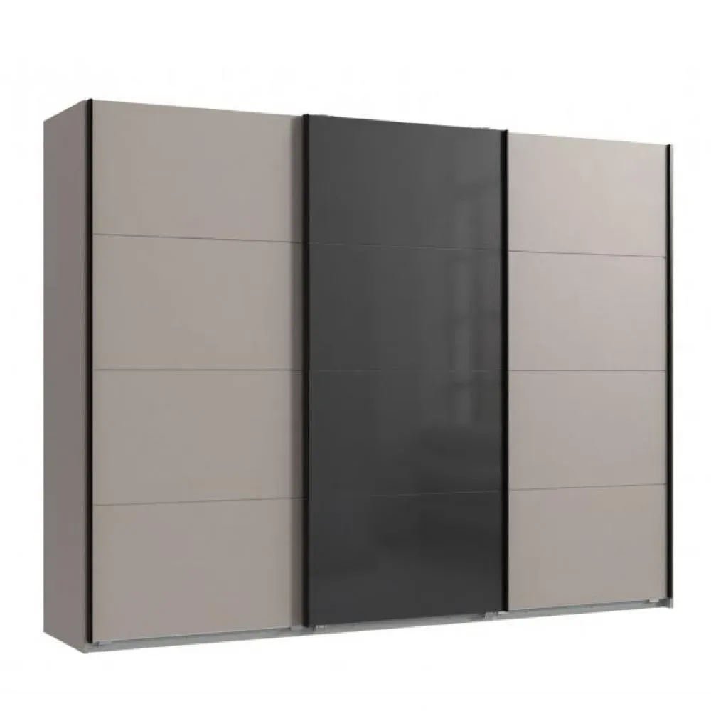 Armoire 3 portes coulissantes TILBURG 270 cm gris Sahara verre noir et graphite