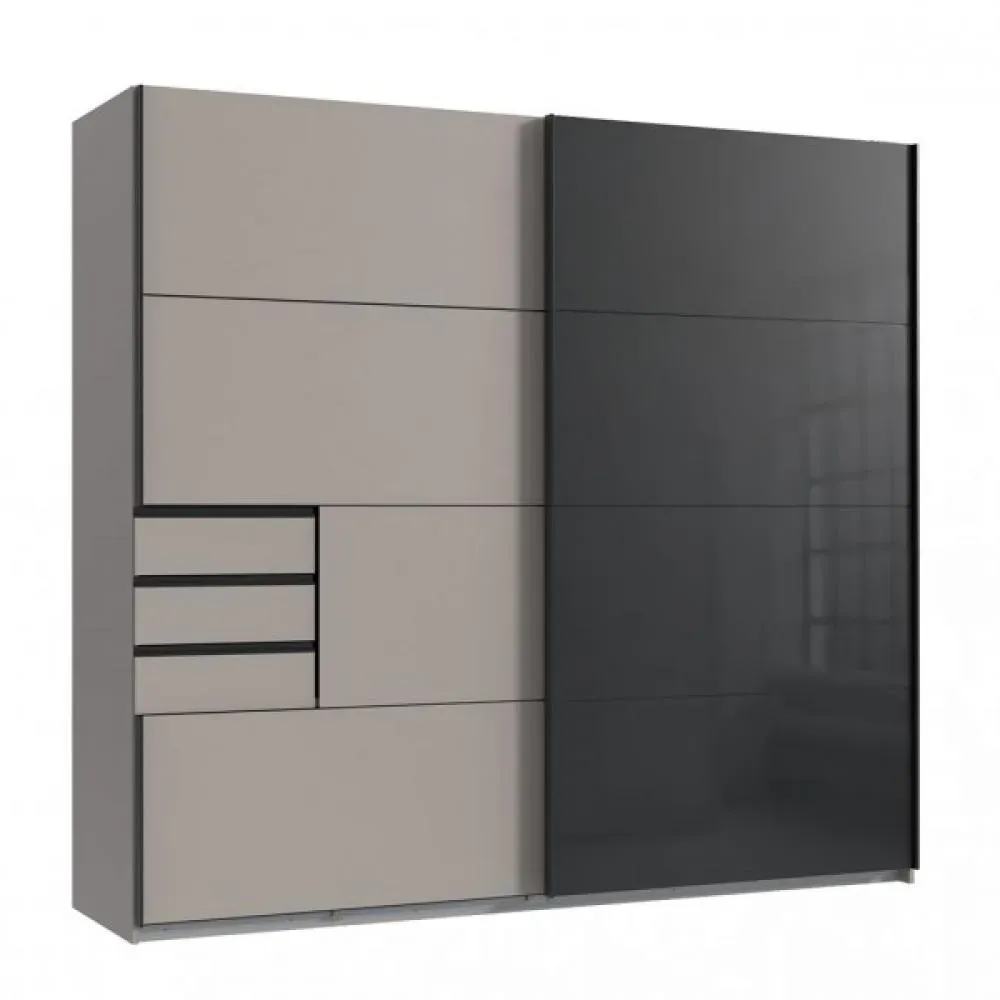 Armoire 2 portes coulissantes 3 tiroirs TILBURG 225 cm gris Sahara verre noir et graphite