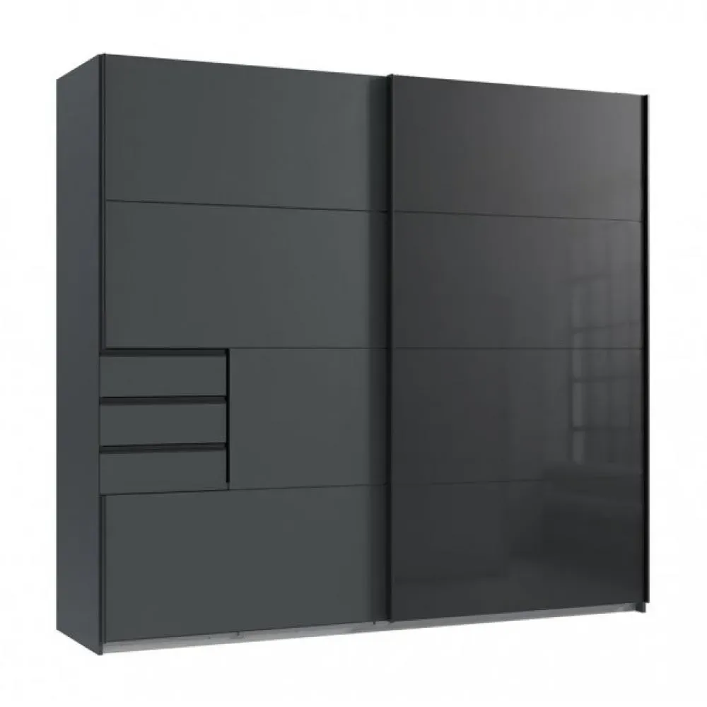 Armoire 2 portes coulissantes 3 tiroirs TILBURG 225 cm graphite verre noir