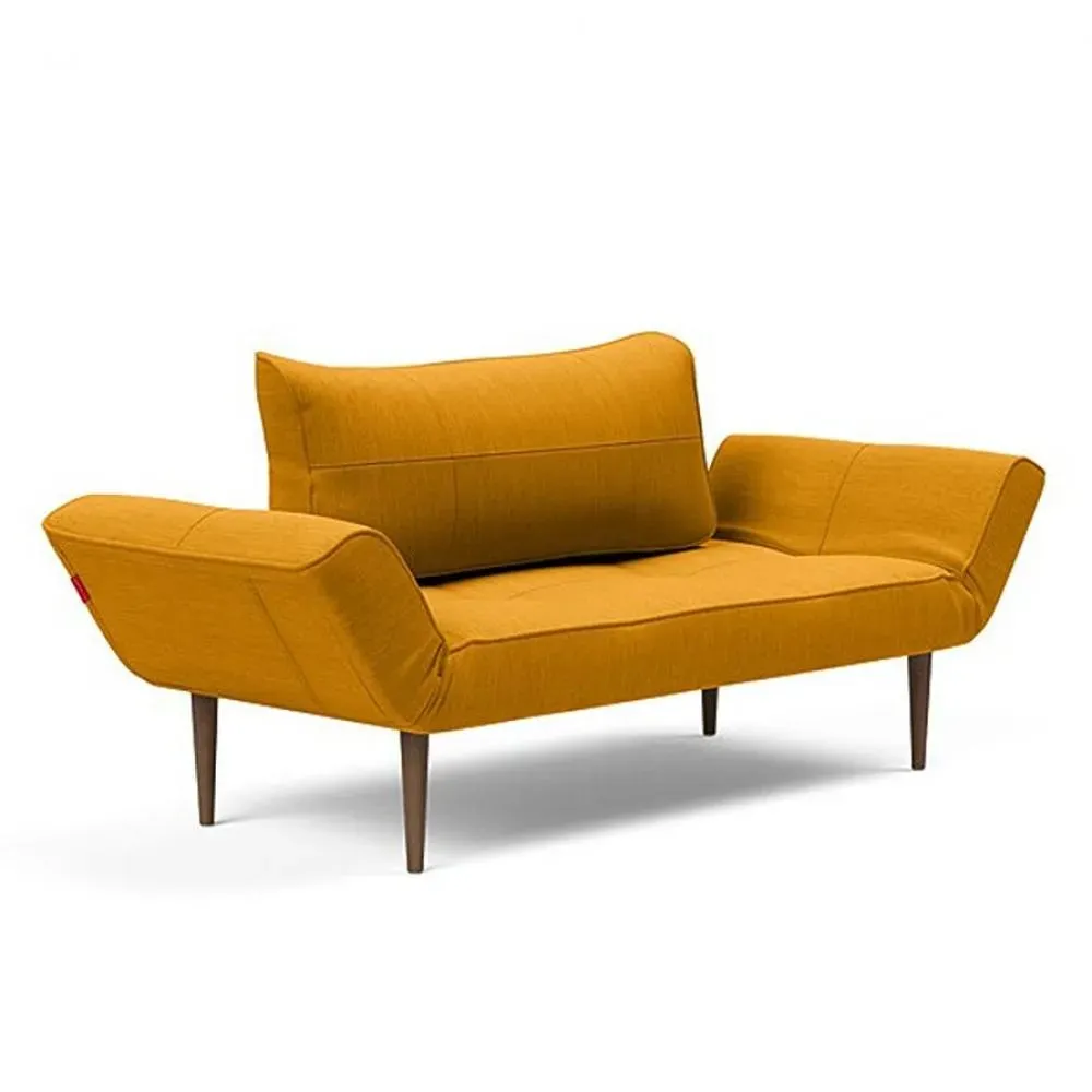 Canapé lit  ZEAL STYLETTO cadre acier piétement chêne foncé tissu Elegance Curry