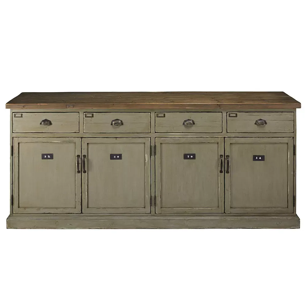 Comptoir 4 portes 4 tiroirs en sapin recyclé patiné L210