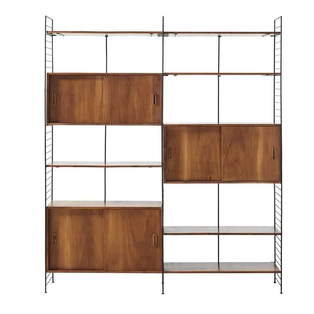 Étagère vintage 6 portes en acier noir et acacia massif L177