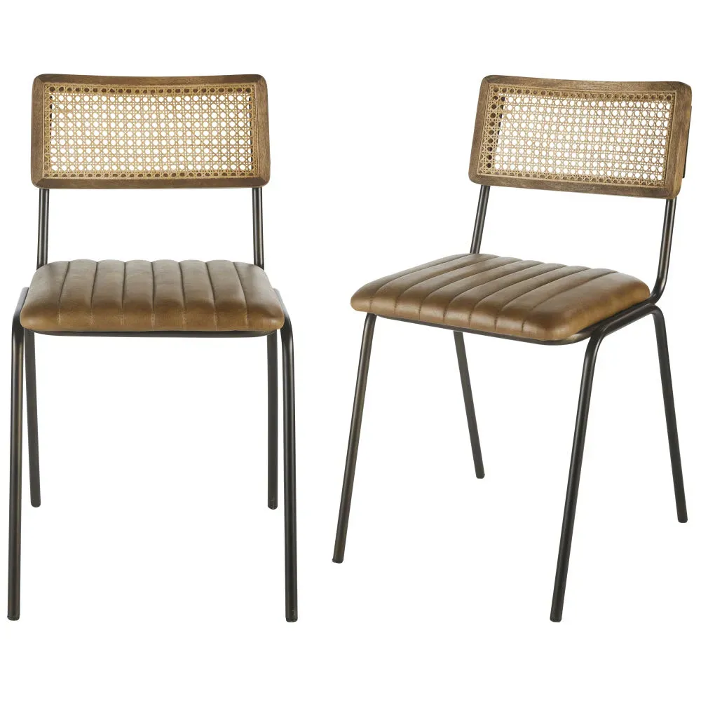 Chaises professionnelles en cuir de buffle marron, cannage en rotin et acier noir (x2)