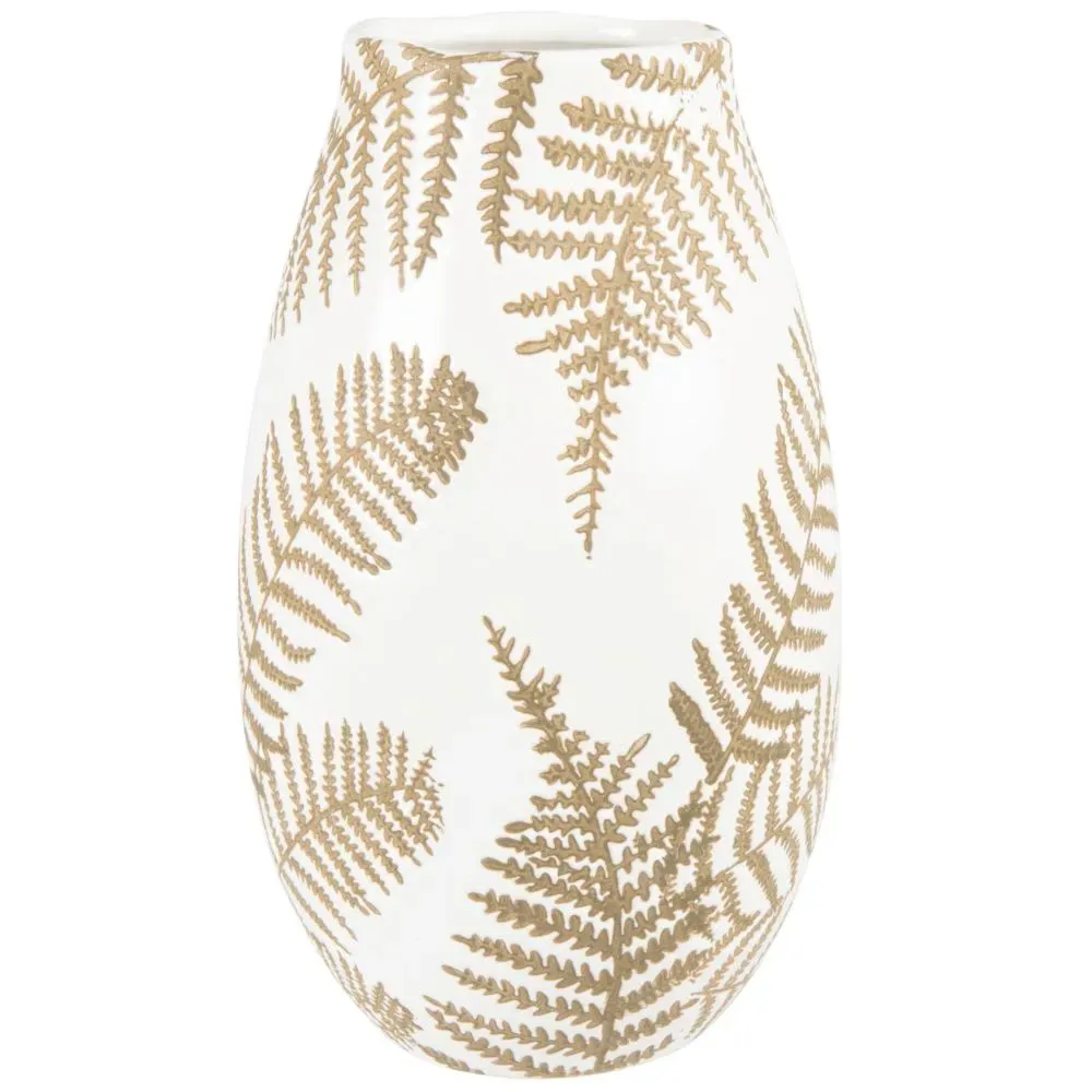 Vase en grès blanc motifs feuilles dorées H24