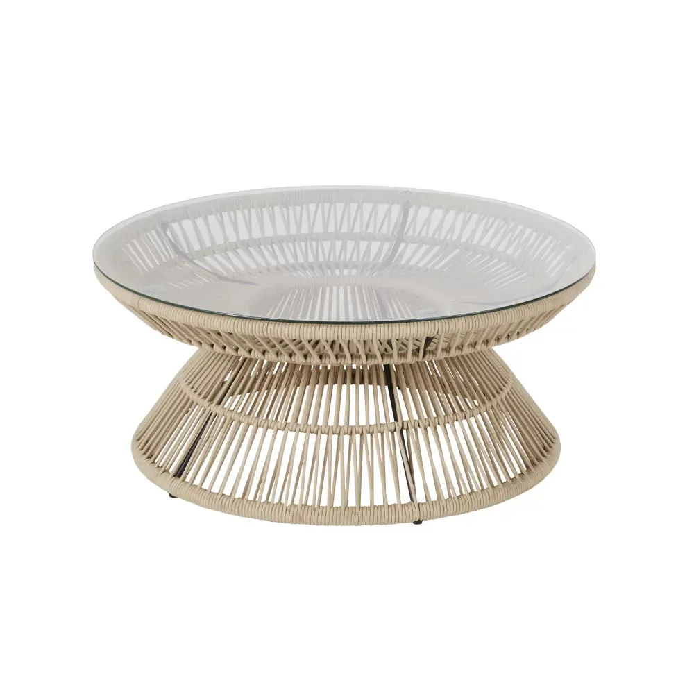 Table basse de jardin ronde en corde beige et verre