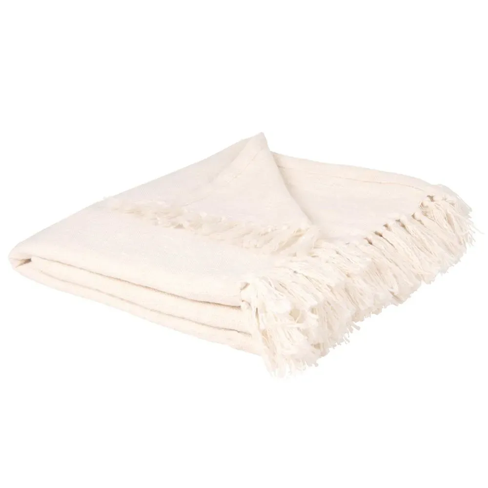 Plaid en coton recyclé écru à franges 160x210