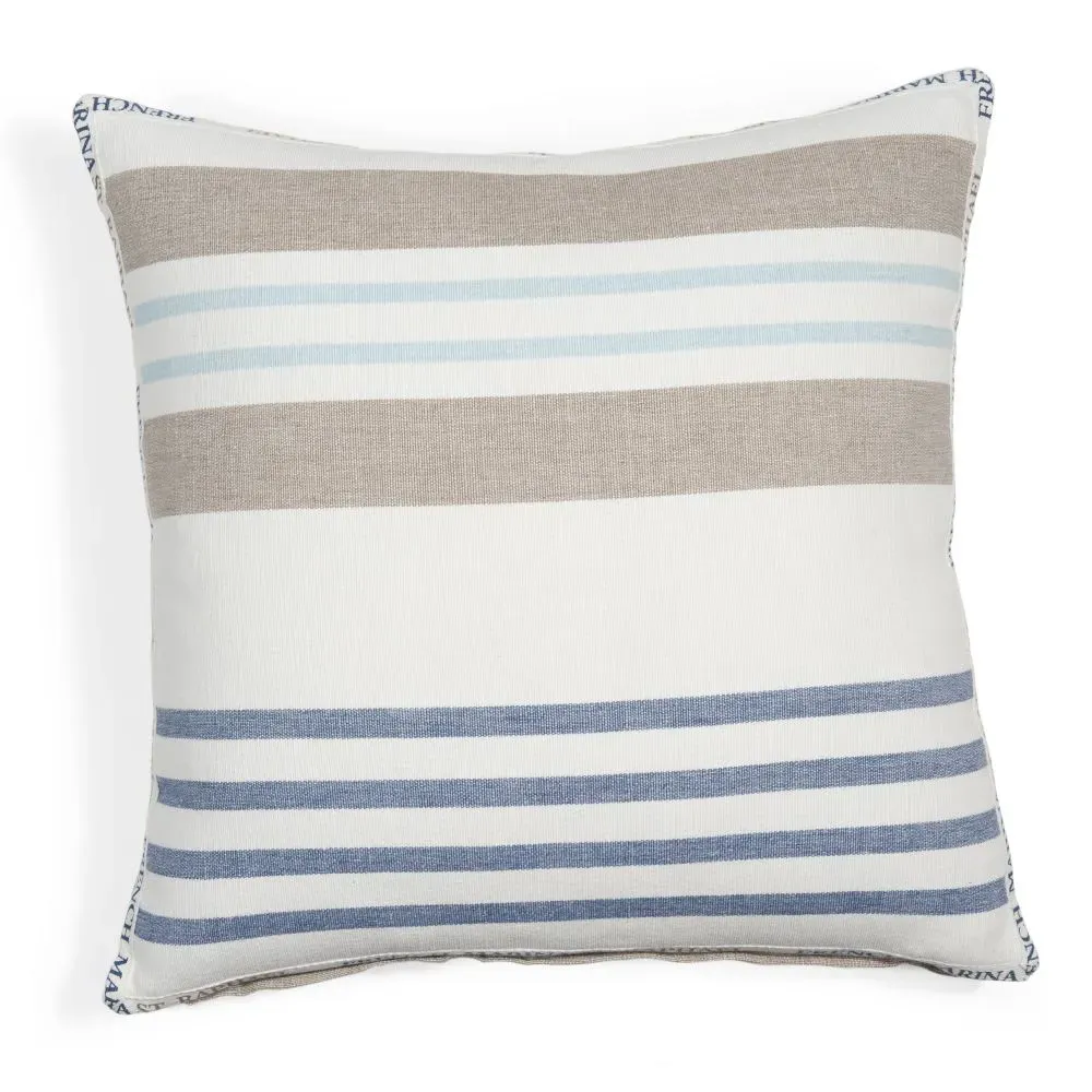 Coussin en coton blanc, bleu, taupe motifs à rayures tissées 50x50