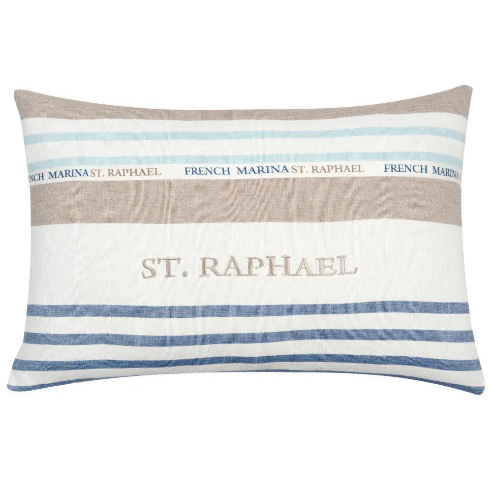 Coussin en coton blanc, bleu, taupe motifs à rayures tissées 40x60