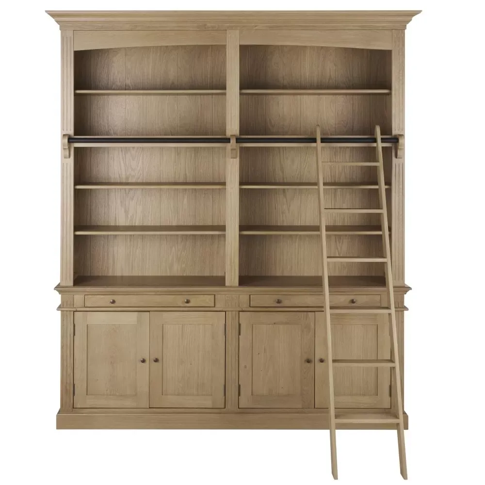 Bibliothèque 2 tiroirs 4 portes avec échelle en chêne