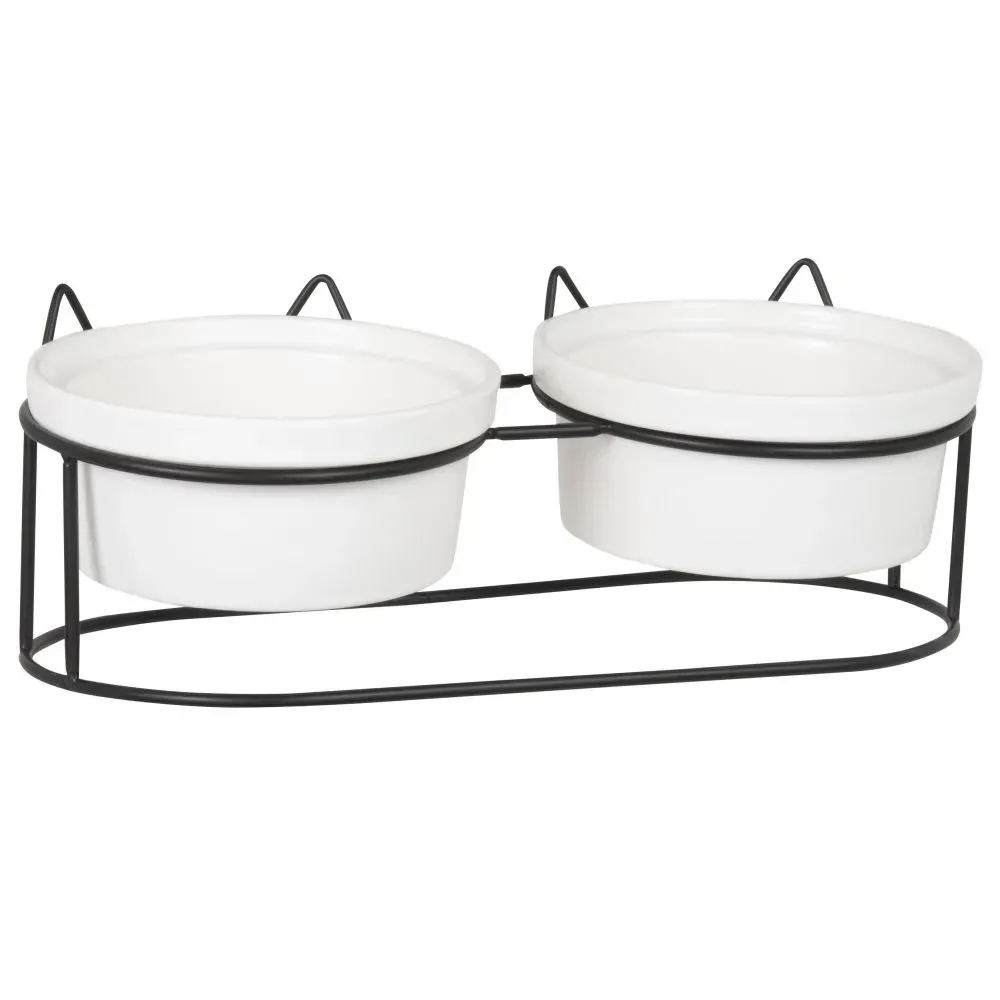 Double gamelles filaire en porcelaire écru et noire