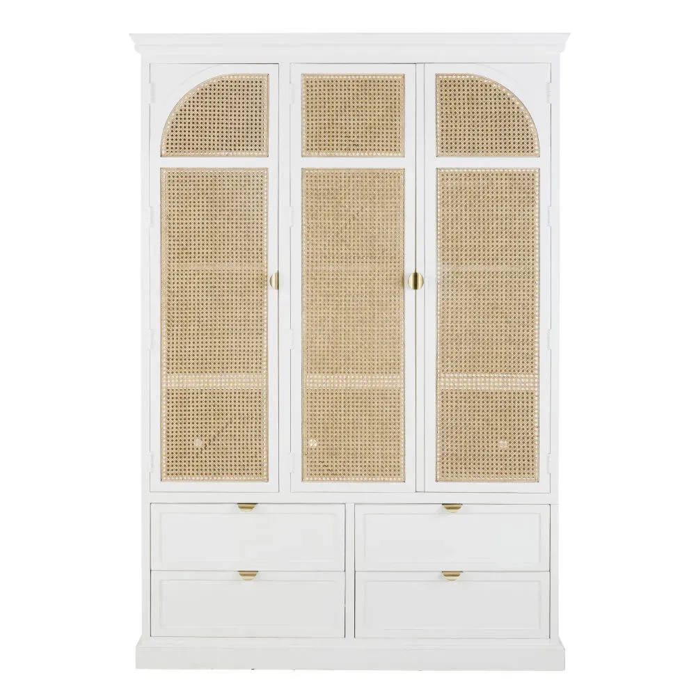Armoire 3 portes battantes 4 tiroirs blanc et cannage en rotin