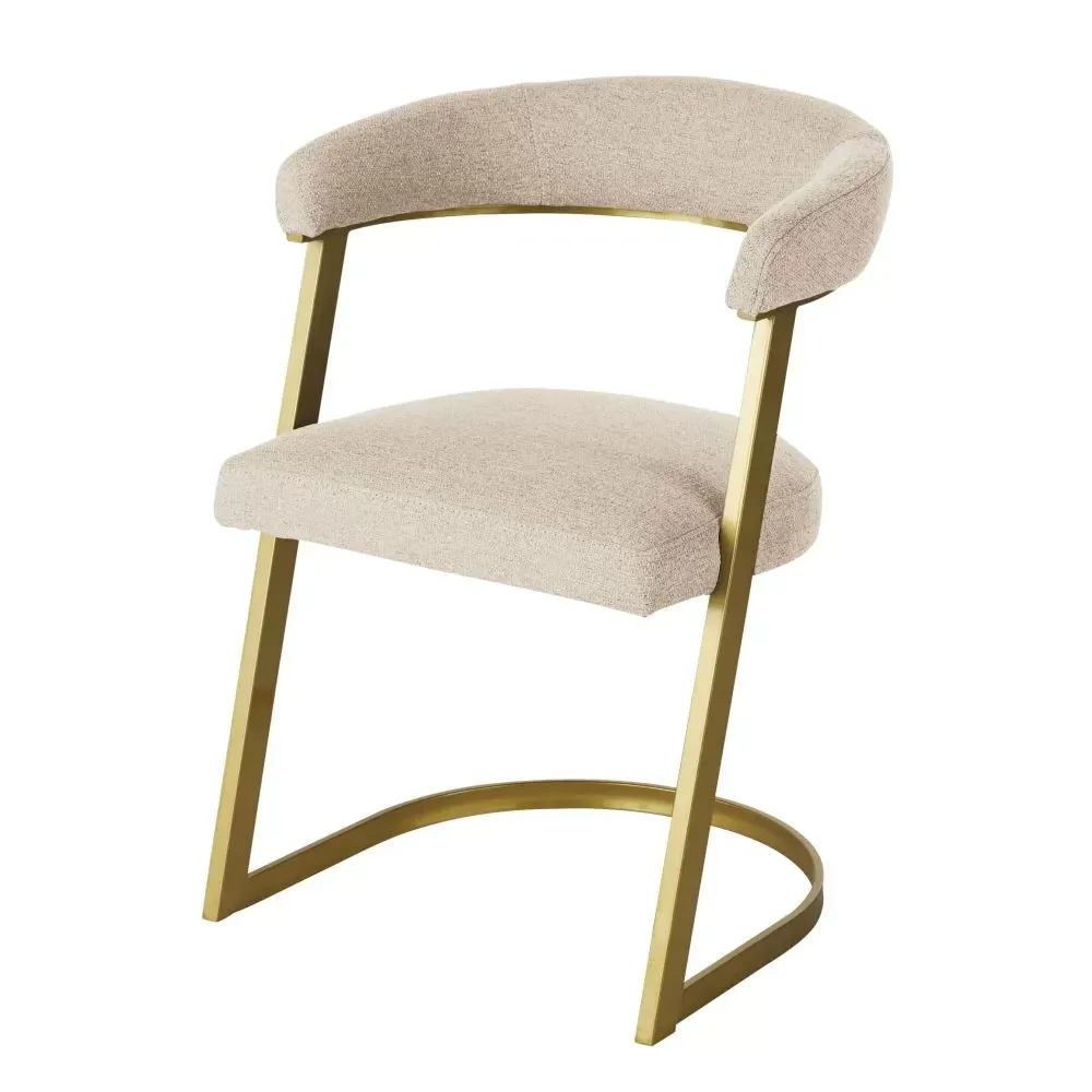 Fauteuil de table écru chiné et acier coloris laiton