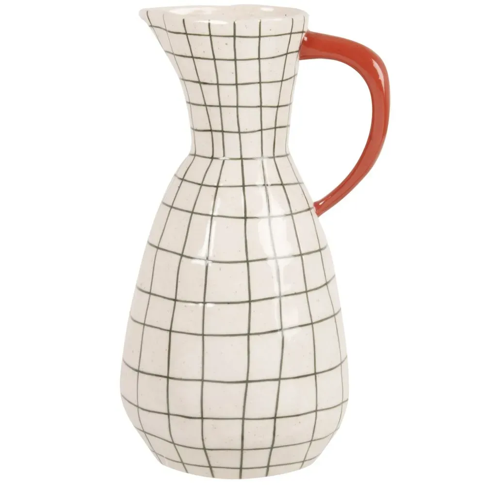 Vase pichet en grès écru quadrillé et anse orange H26
