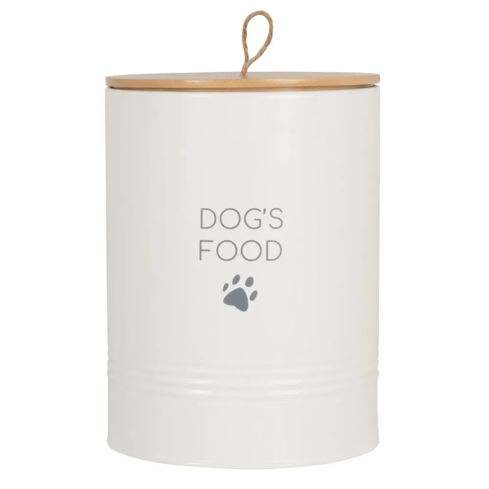 Boîte à croquettes pour chien en métal blanc et couvercle en bambou