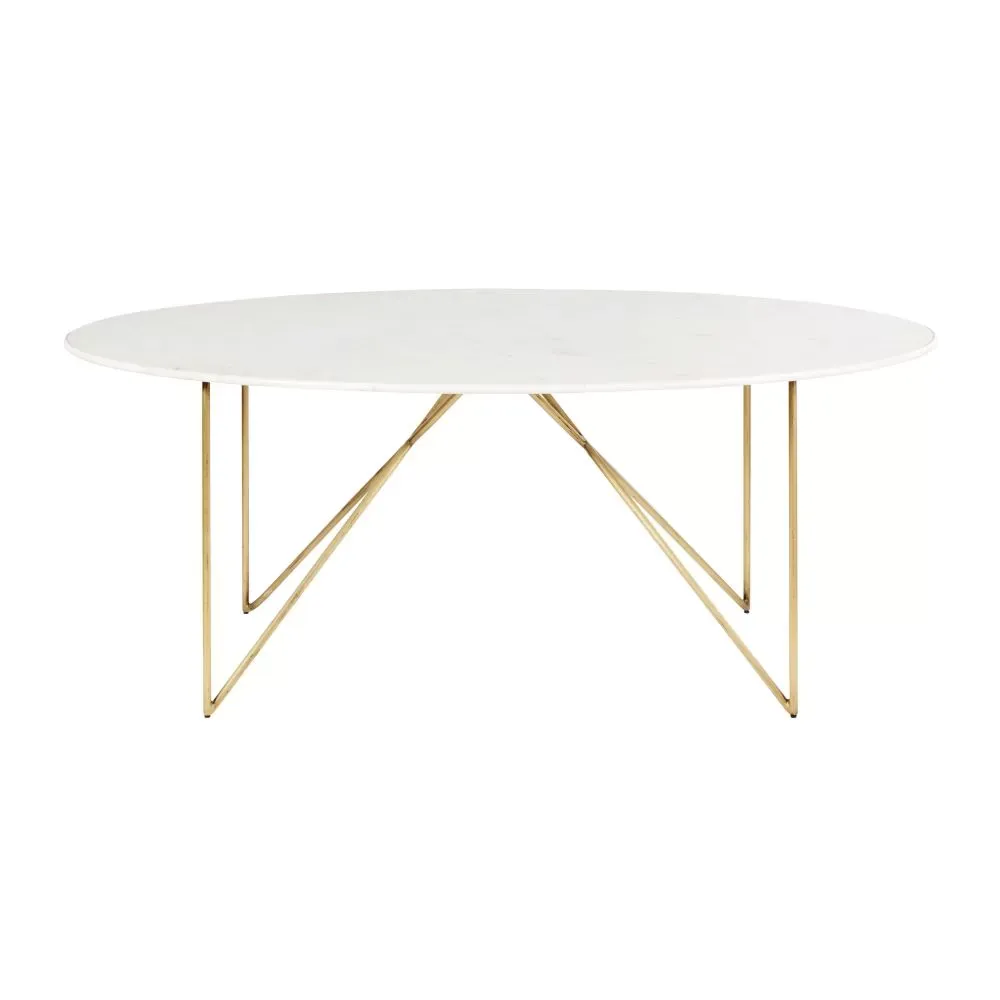 Table à manger 4/6 personnes en marbre reconstitué blanc et fer doré L200