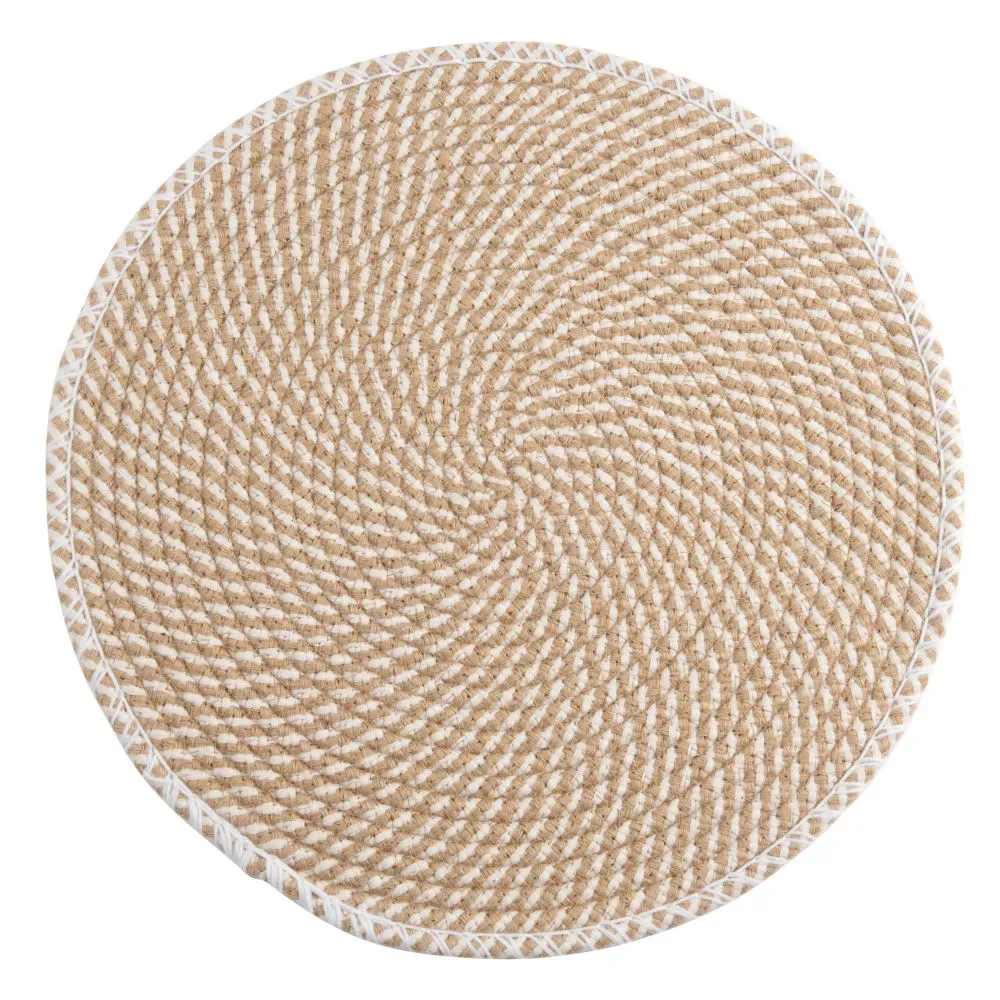 Set de table rond en polyester recyclé et jute beige et blanc D38