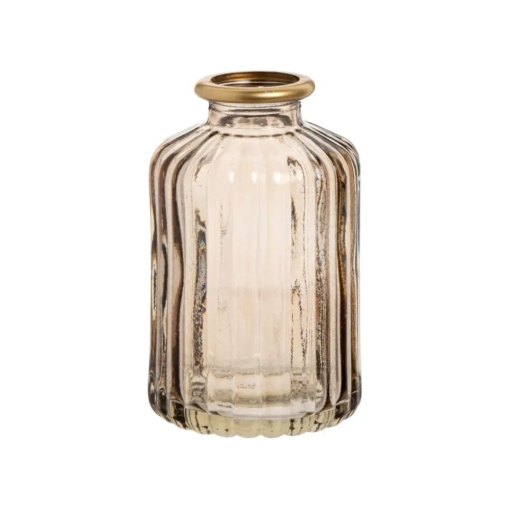 Vase en verre strié marron et liseré doré H10