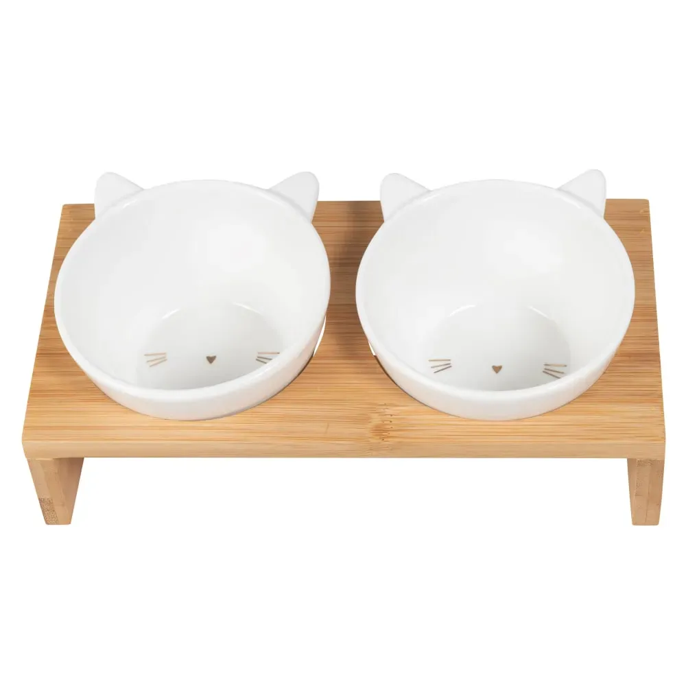 Gamelles en porcelaine (x2) support en bambou