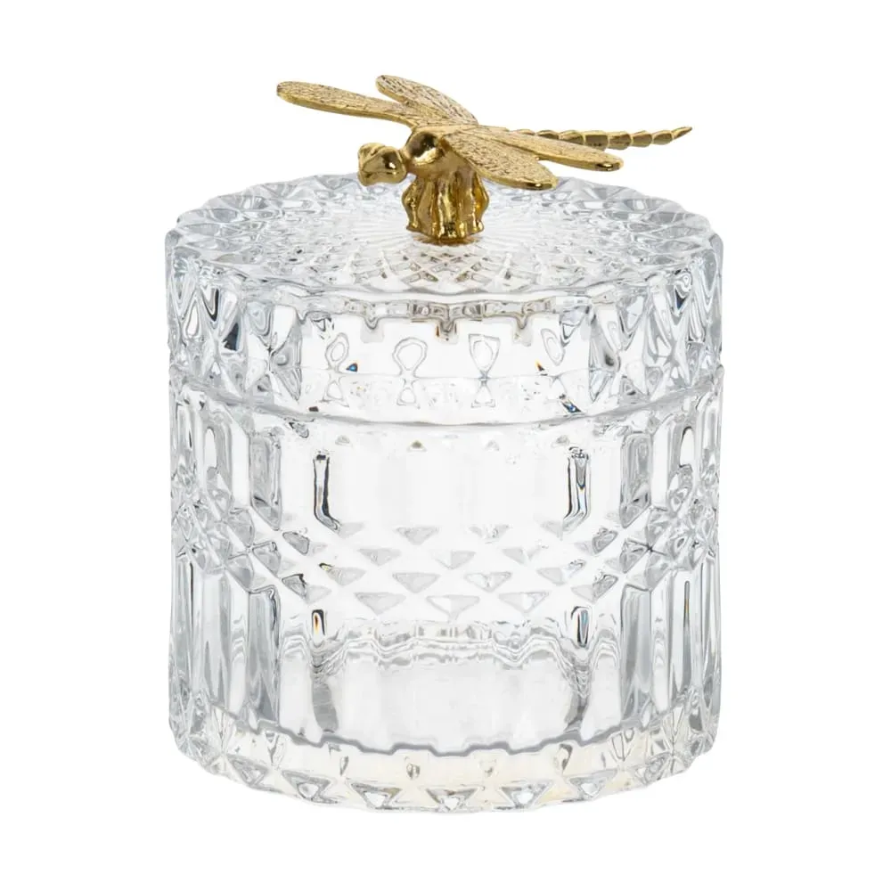 Bonbonnière en verre transparent et libellule dorée