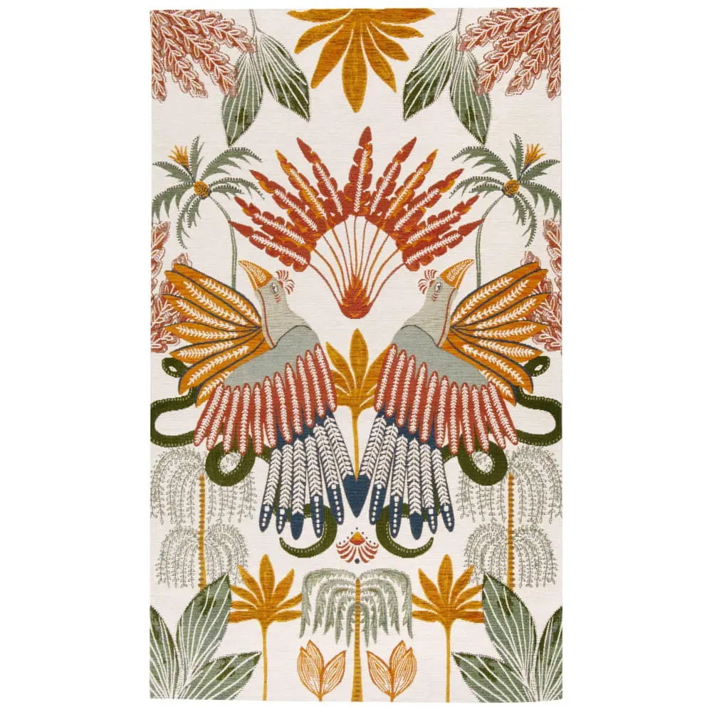 Tapis tissé jacquard motif oiseaux et végétal multicolore 90x150