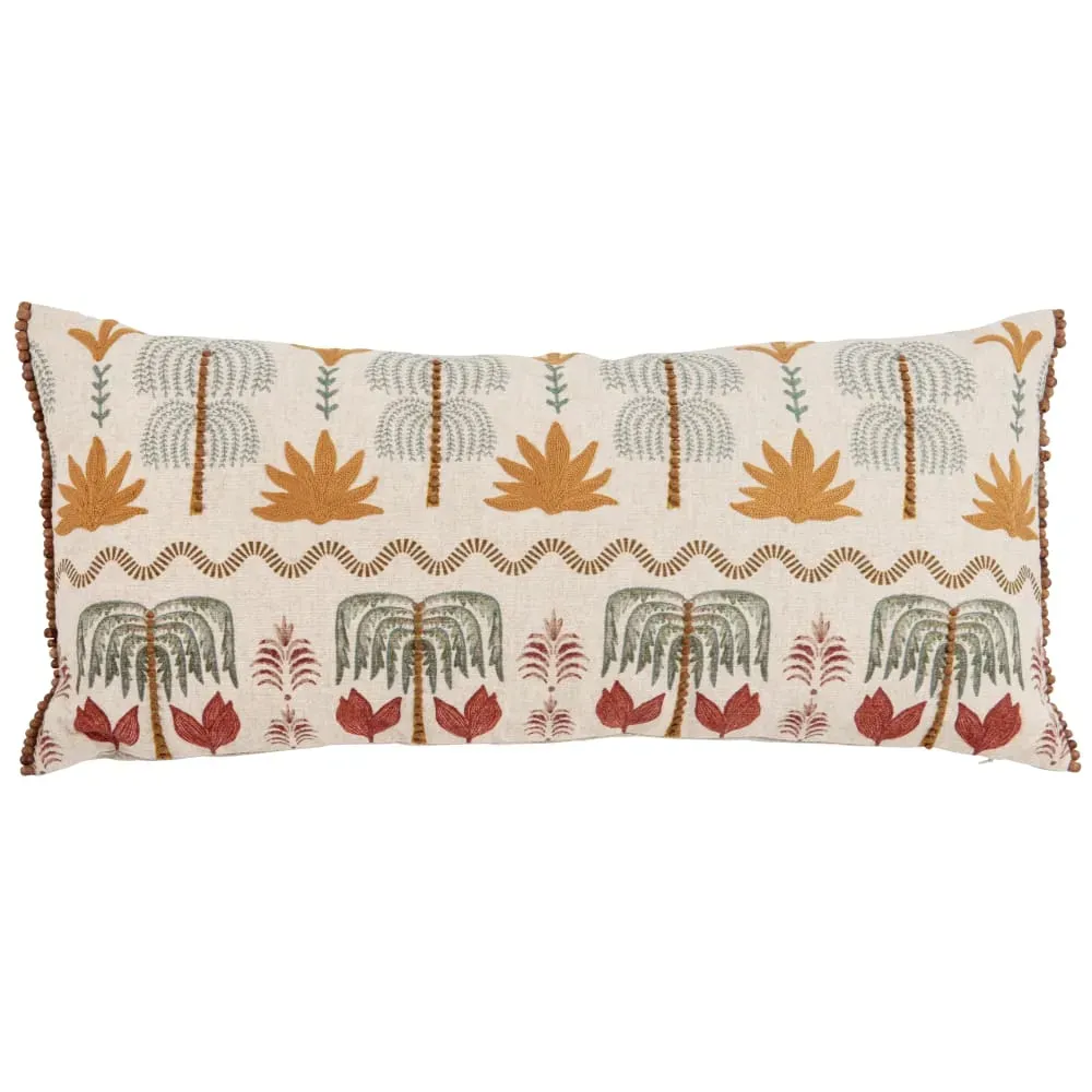 Coussin en coton et lin mélangés à motif imprimé brodé multicolore 70x35