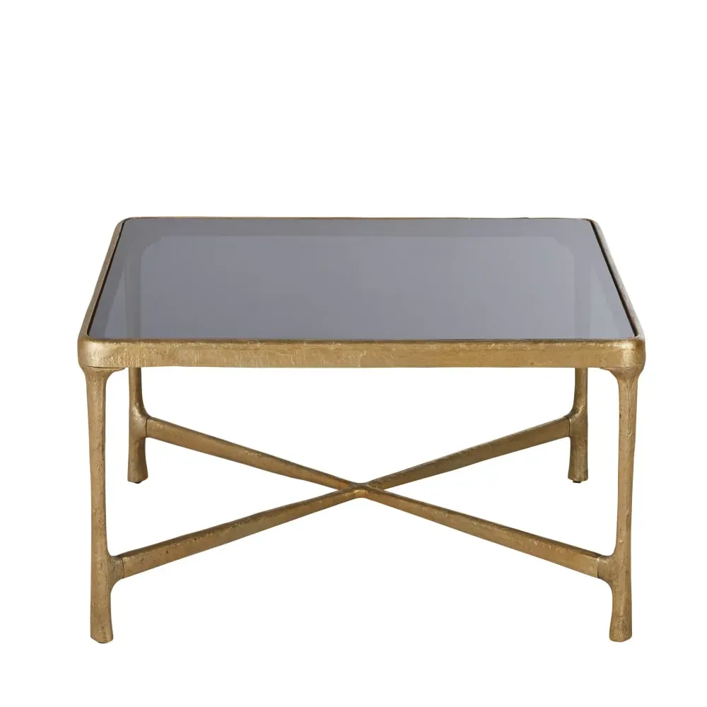 Table basse en métal effet laiton vieilli et verre trempé L81