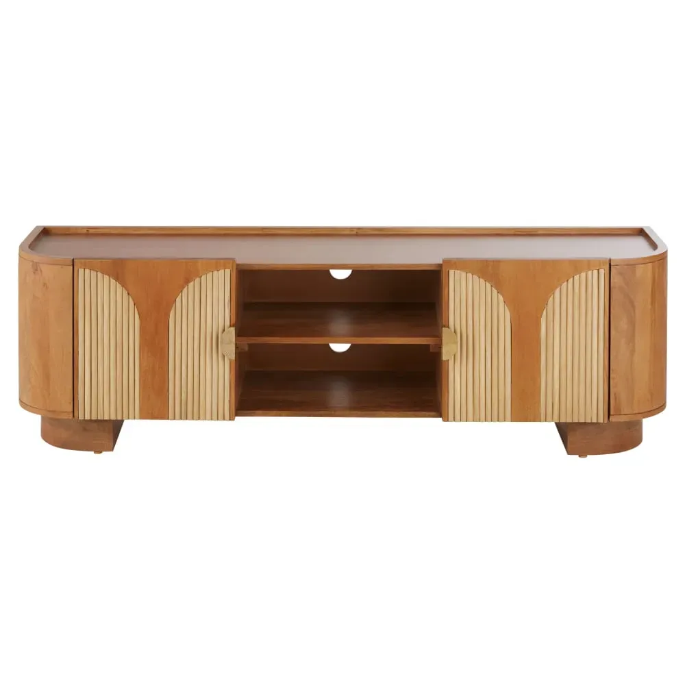 Meuble TV 2 portes en bois de manguier massif, rotin et métal coloris laiton