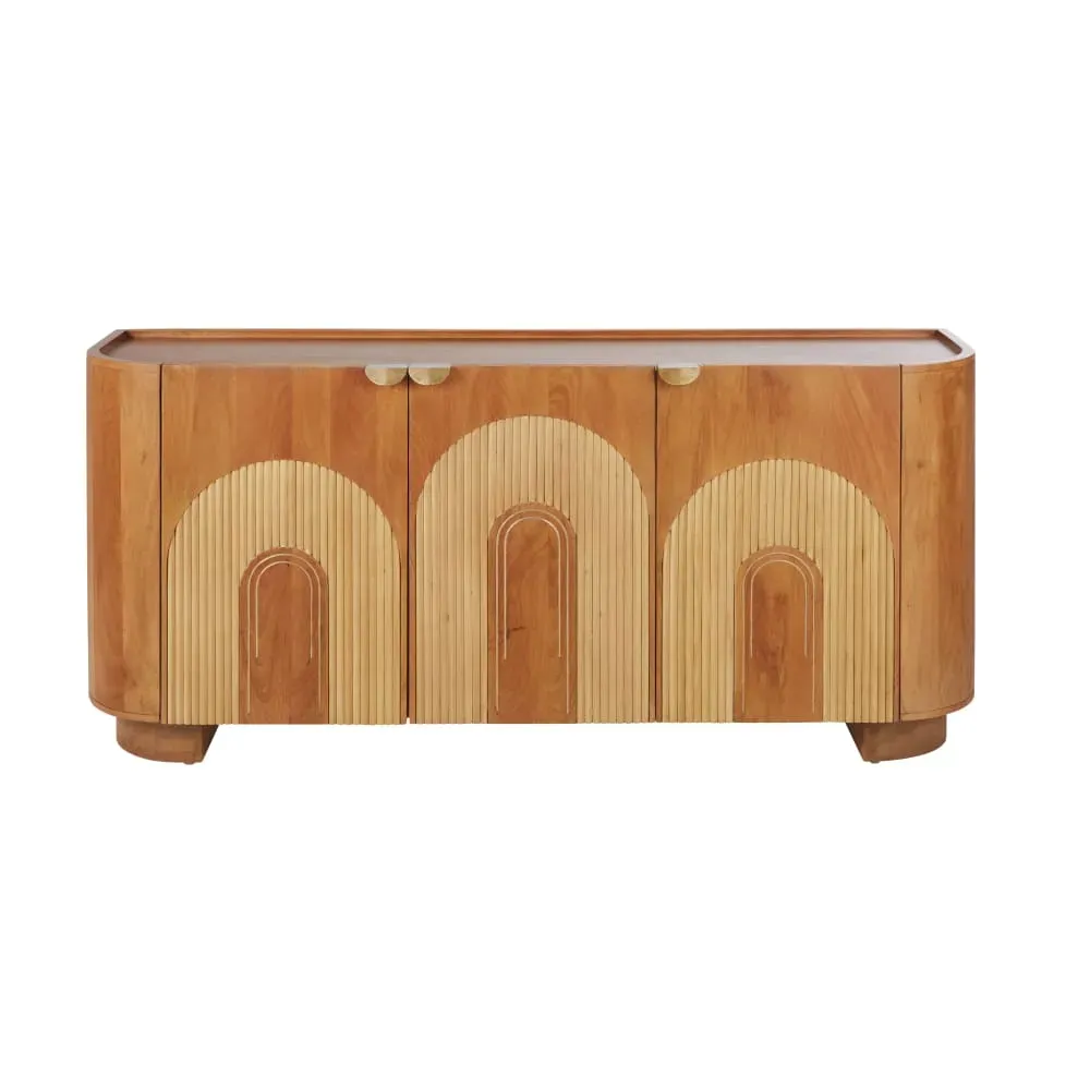 Buffet 3 portes en bois de manguier massif, rotin et métal coloris laiton L180
