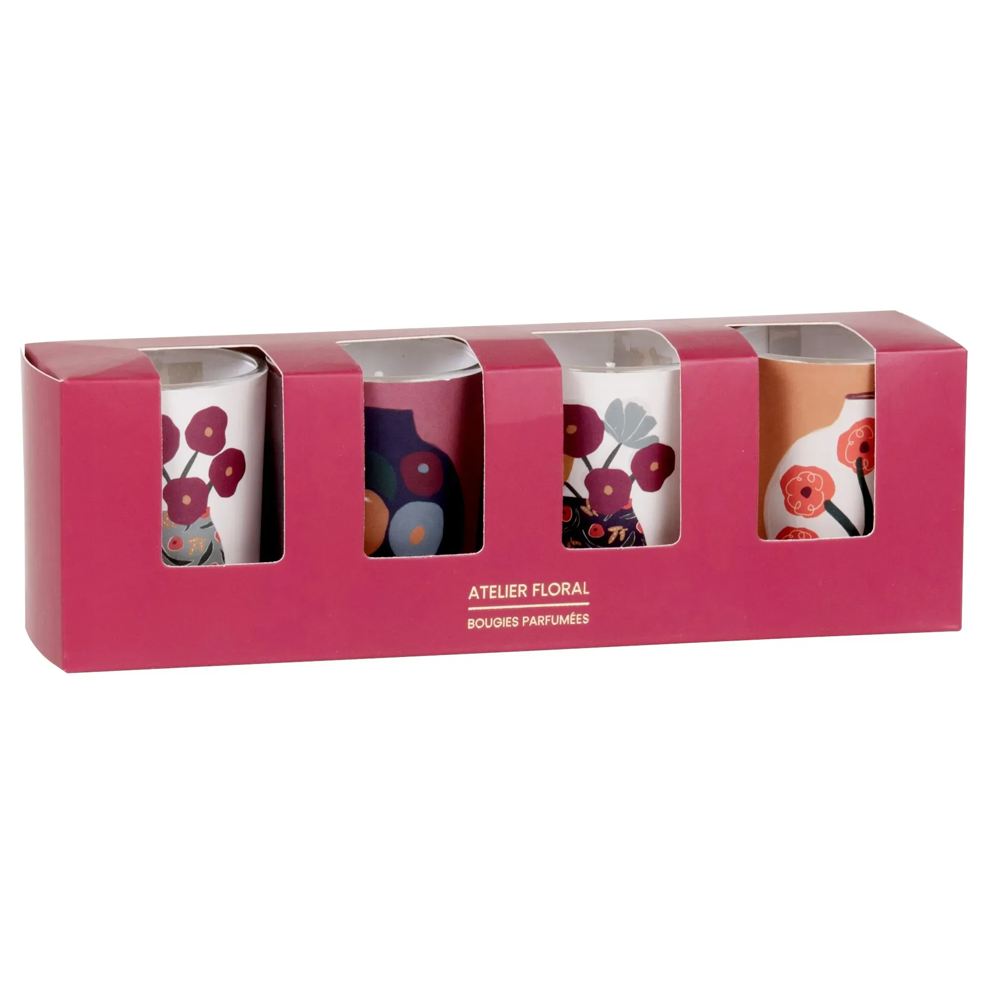 Coffret bougies lumignons parfumées (x4) en verre violet, blanc et orange