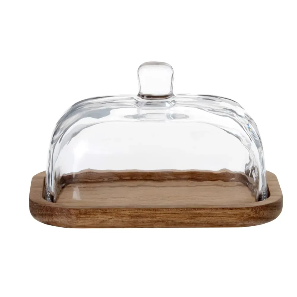 Beurrier en verre et plateau en bois d'acacia