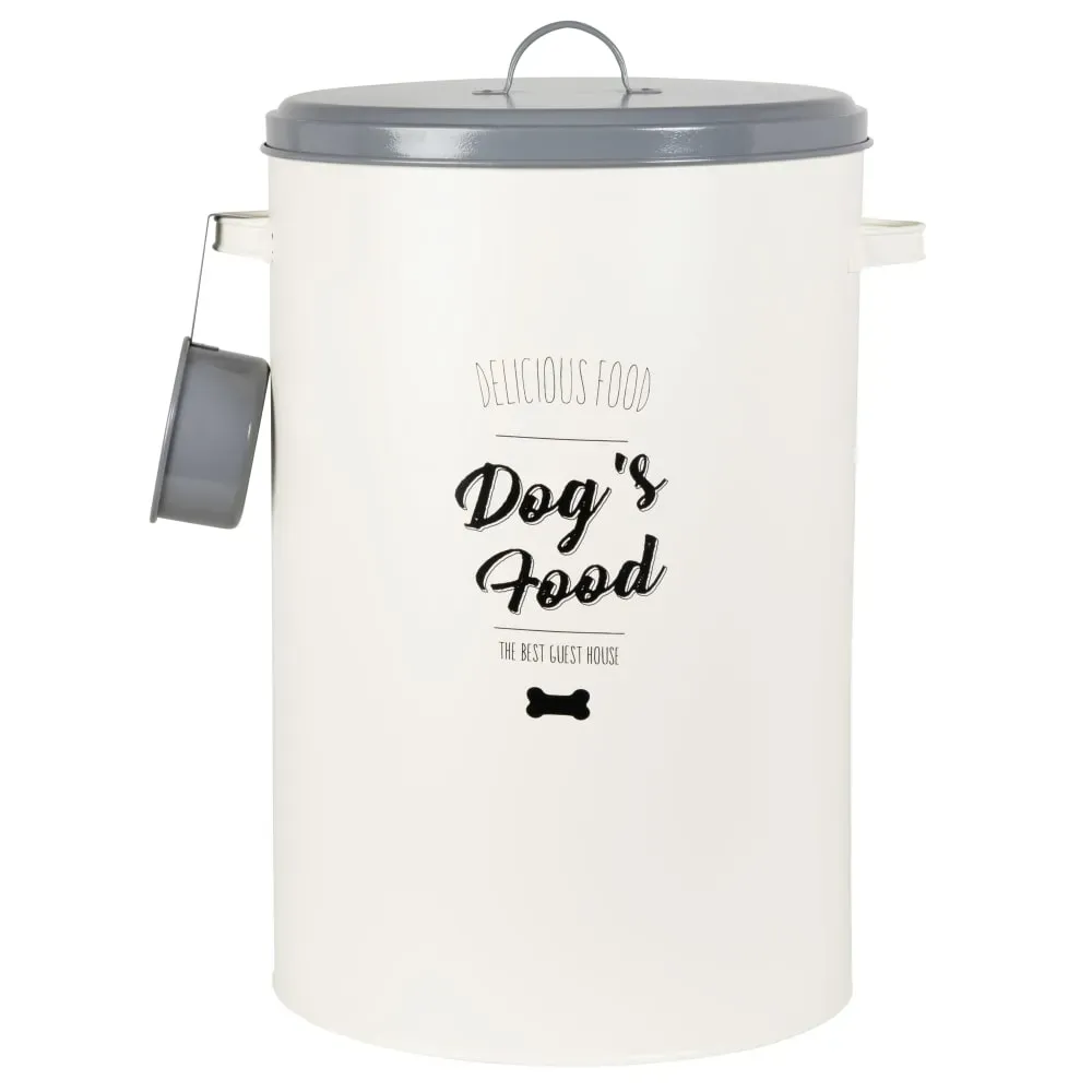 Boîte à croquettes en métal écru, gris et imprimé noir H50