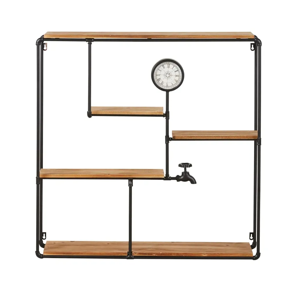 Etagère en métal noir et bois de pin avec horloge