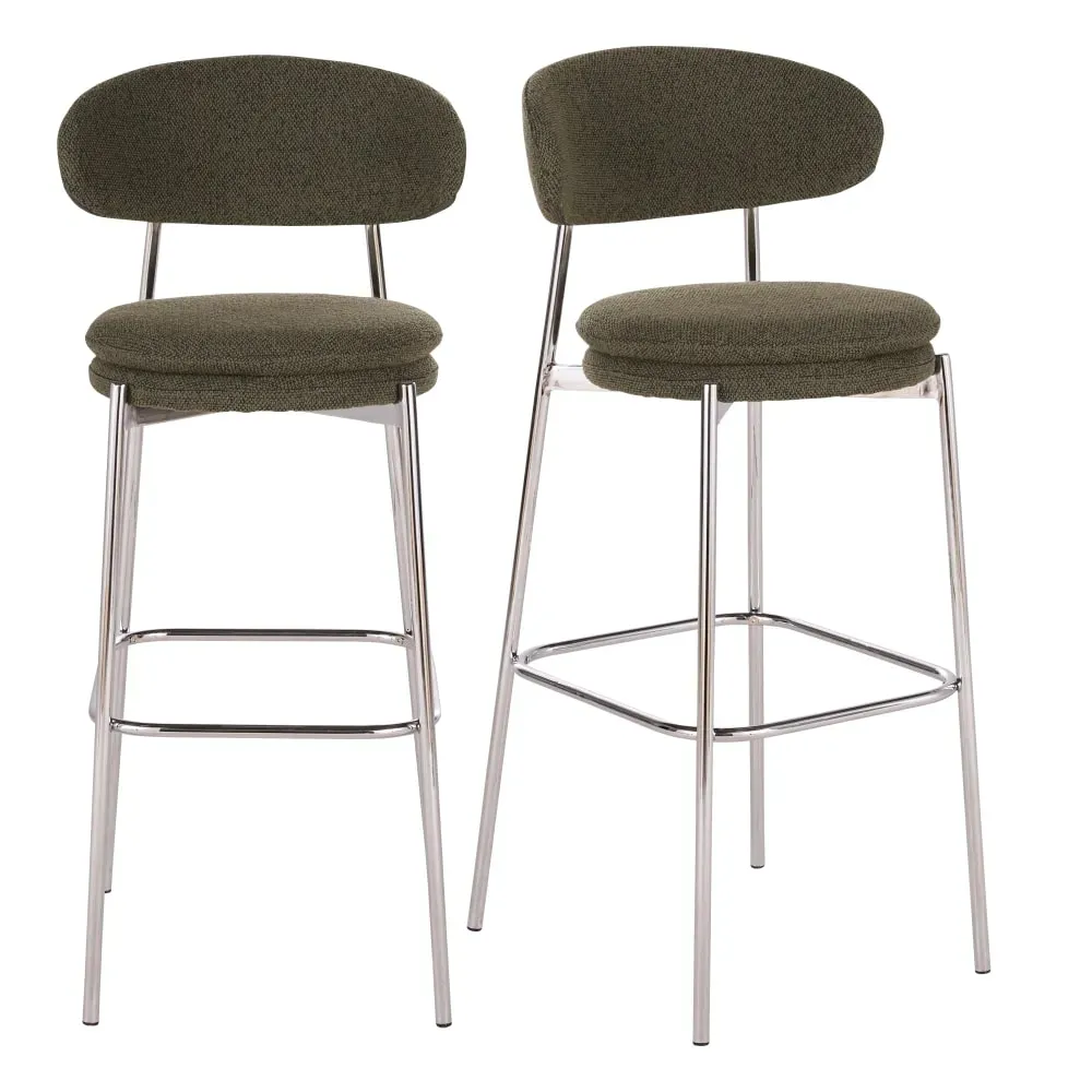 Chaises hautes de bar en acier chromé et bouclettes vert kaki (x2) H78