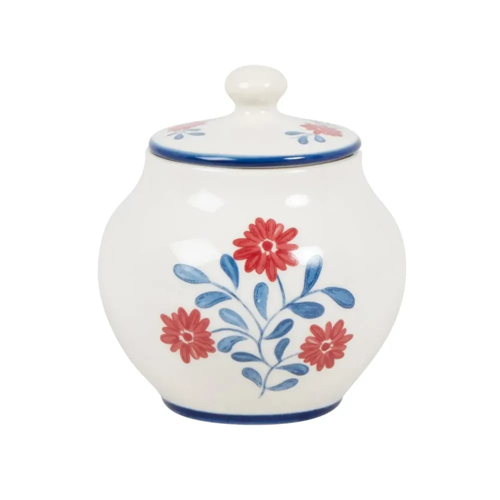 Pot à sucre en céramique blanche motif floral bleu et rouge