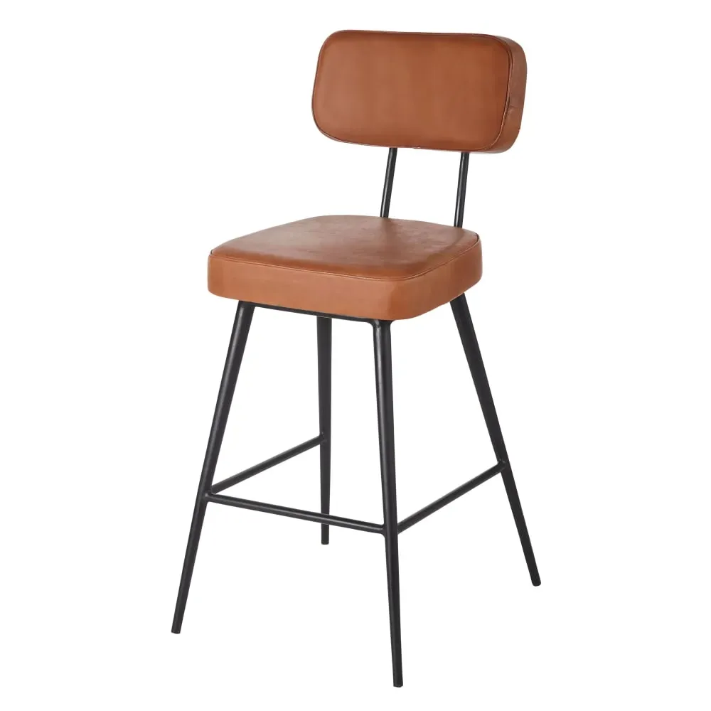 Chaise pour îlot central en cuir marron et acier noir H66