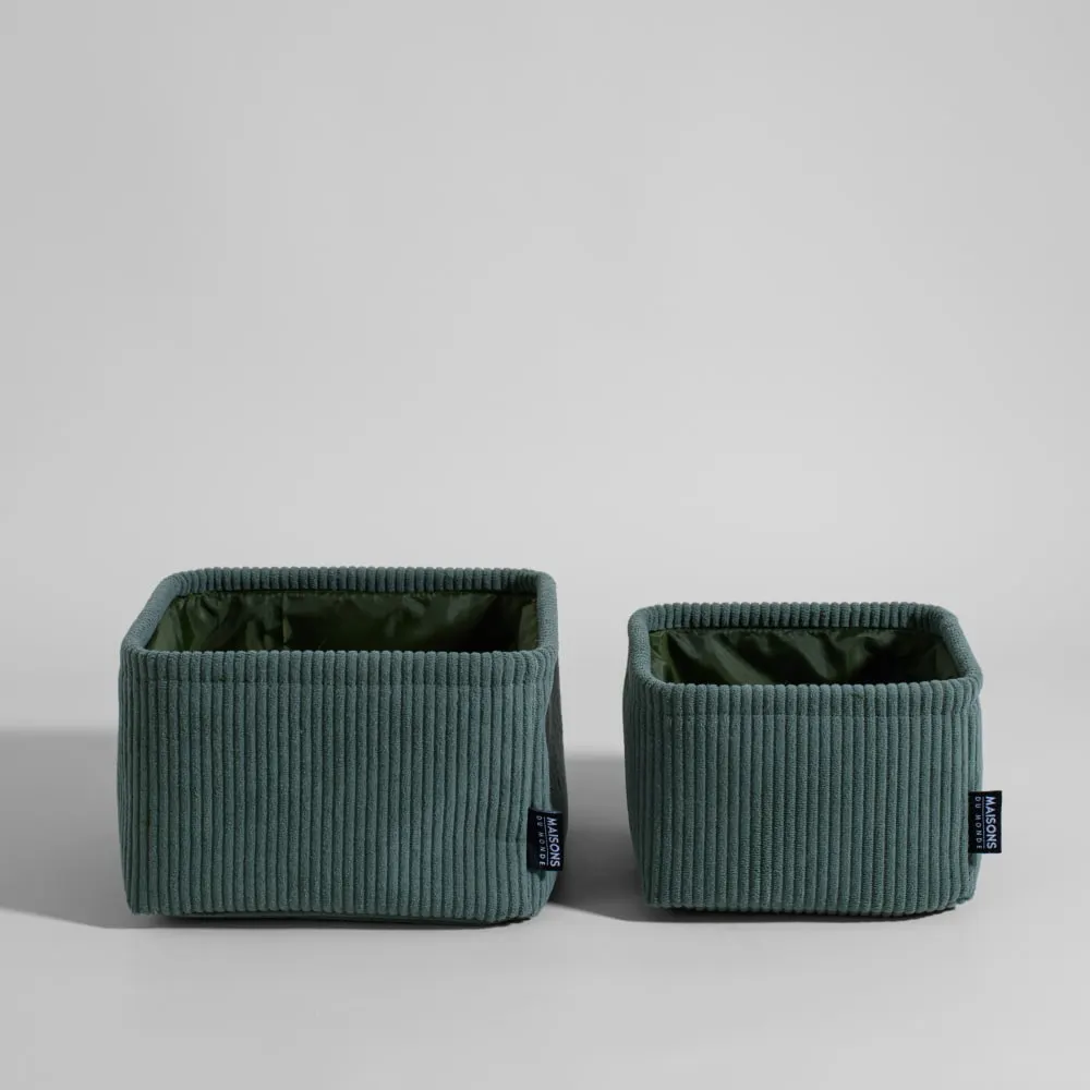 Corbeilles de rangement en tissu polyester et élasthanne effet velours vert (x2)