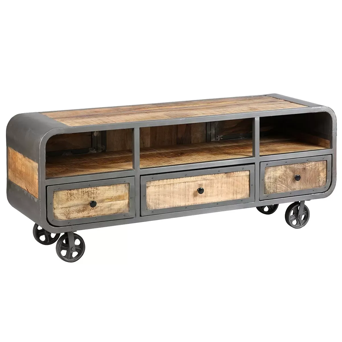 Meuble  tv 3 tiroirs acier et bois massif