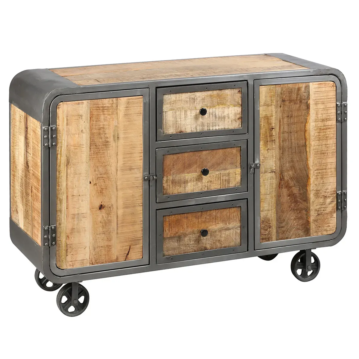 Buffet  2 portes 3 tiroirs acier et bois massif